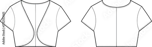 Vector illustration of short sleeve cropped bolero jacket top with curved front opening and back view flat fashion technical drawing