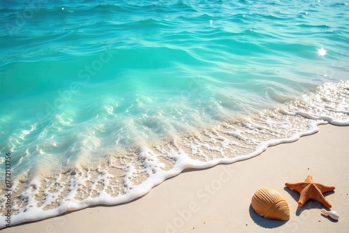 Sun-drenched beach scene, vibrant turquoise water lapping gently at the shore, seashells scattered on the sand, perfect summer escape , shoreline, summer