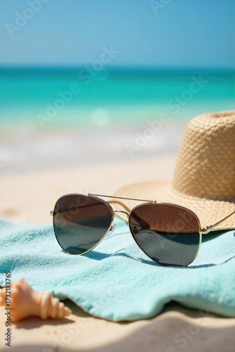 Stylish sunglasses resting on a sun-drenched beach towel, next to seashells and ocean waves Perfect for summer vacation and travel themes A relaxing beach scene , UV, relaxation