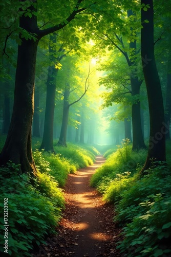 Sun-dappled forest path winding through lush greenery, sunlight filtering through leaves, creating a magical atmosphere Perfect for nature, travel, and adventure themes , woodland, green