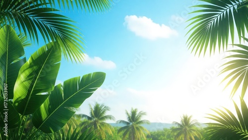 Lush tropical foliage frames a bright, sunny sky with distant pa