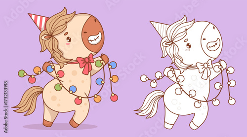 Happy Pony in Birthday Cap with Garland. Coloring book. Color and Outline Line drawing Funny Holiday cartoon kawaii animal. Vector illustration. 2026 Horse Eastern calendar, Horse symbol year. Not AI