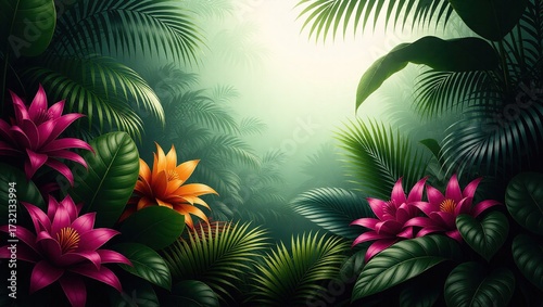 Lush tropical foliage with vibrant pink and orange flowers again