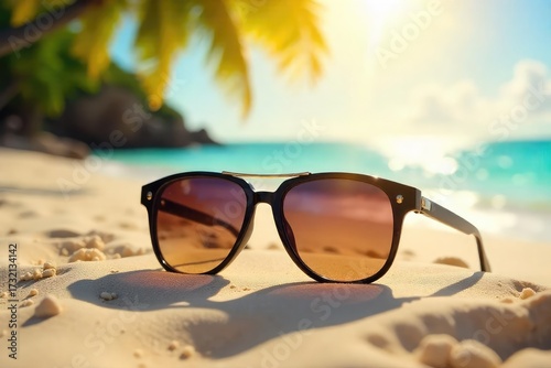 Golden Sunglasses Reflecting Summer Sun on Vibrant Beach, Perfect for Travel and Vacation Projects