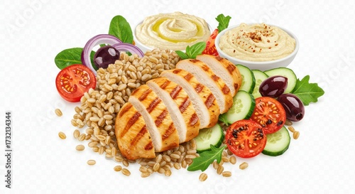 Grilled chicken breast slices with hummus, farro, olives, tomatoes, cucumbers, and spinach.