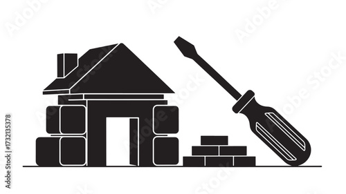 House construction icon with bricks and screwdriver simple vector illustration for building and repair services isolated on white