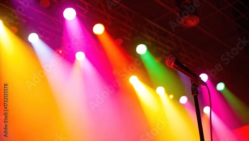 Microphone on stage bathed in vibrant multicolored spotlights, r