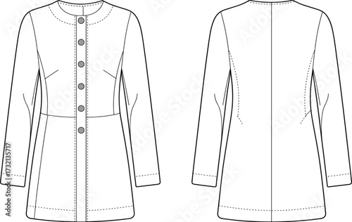 Women’s long sleeve button front coat fashion flat sketch with seam details and fitted silhouette technical illustration template