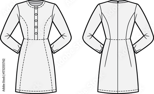 Women’s long sleeve button front dress fashion technical flat sketch with fitted waist and stitching seam details