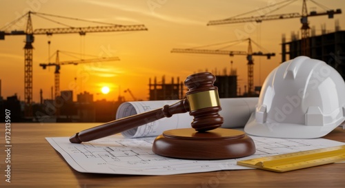 Gavel on Construction Plans with Safety Helmet Against Sunset Skyline and Cranes in the Background