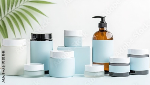 Minimalist skincare product display with pastel blue labels and