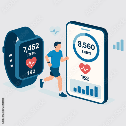Isometric Illustration of Fitness App, Wearable Device, and Runner