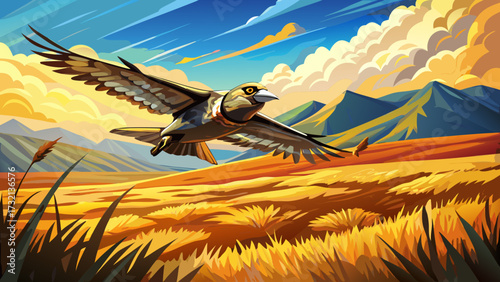 Celebrate the harrier sweeping low across golden fields, merging realism with impressionist hues, wings flowing in color, light, motion, balance, freedom, strength, elegance, and artistry.