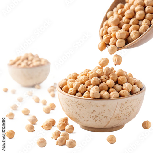 Chickpeas Falling in Mid-Air — a natural cascade of golden chickpeas tumbling downward with realistic texture and detail, isolated on a transparent background, perfect for packaging, menus, recipes, f