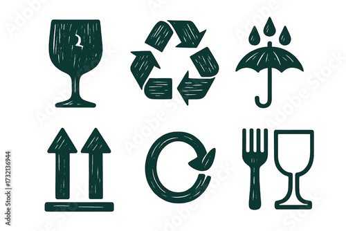 Essential shipping and eco-friendly icons with textured style, featuring fragile, recycle, keep dry, food safety symbols