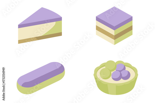 Collection of various sweet desserts with pastel colors including cake slice, square cake, eclair, and fruit tart
