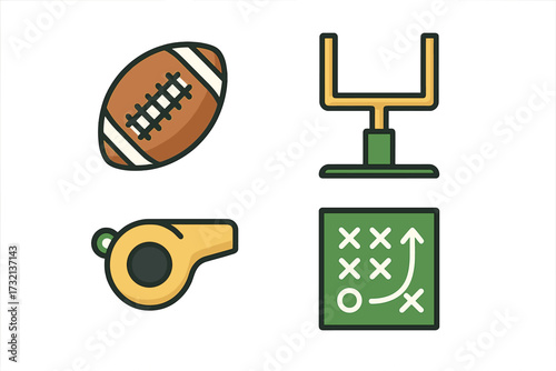Collection of essential American football game elements including ball, goalpost, whistle, and play strategy