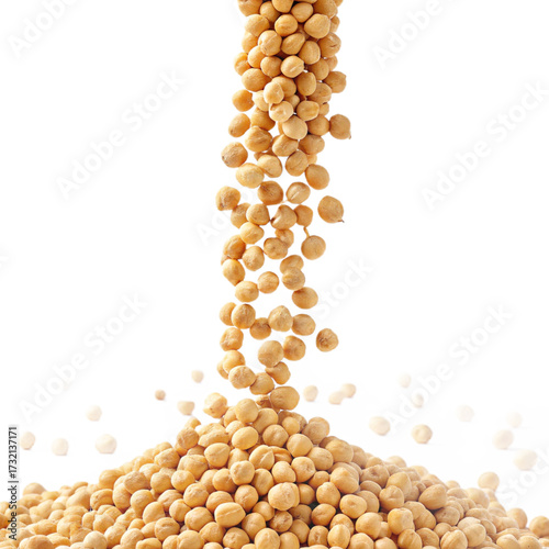 Chickpeas Falling in Mid-Air — a natural cascade of golden chickpeas tumbling downward with realistic texture and detail, isolated on a transparent background, perfect for packaging, menus, recipes, f
