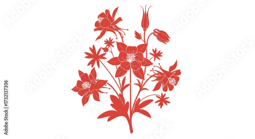 Red flower bouquet. Floral art, buds, and detailed flower heads adorn the stems. Isolated on white