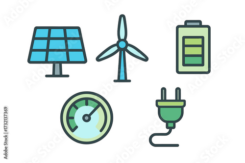 Solar panel, wind turbine, battery, gauge, and electric plug for renewable energy and power supply concepts