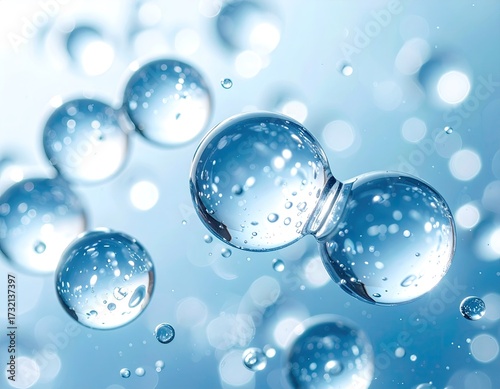 Close-up of translucent water droplets, some paired, in light blue background
