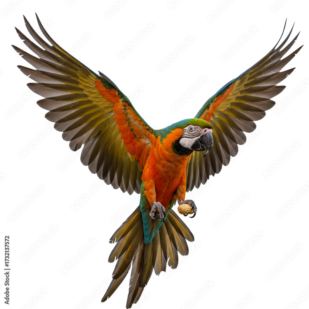 Fototapeta premium Flying Macaw with Peanut in Claws, Whole Body Angled View, isolated