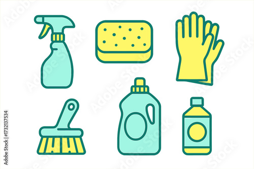 Essential household cleaning supplies set with spray bottle, sponge, rubber gloves, brush, and detergent bottles