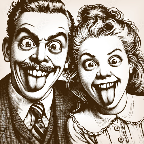 cheerful couple sticking out their tongues, comic expressions and quirky style sketch engraving generative ai fictional character vector illustration. Scratch board. Black and white image.
