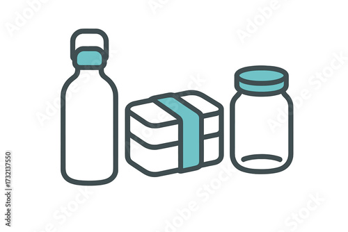 Collection of eco-friendly everyday items for sustainable living, featuring a reusable water bottle, bento lunch box, and glass jar