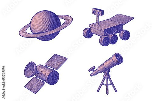Space exploration elements including ringed planet, robotic rover, orbiting satellite, and astronomical telescope