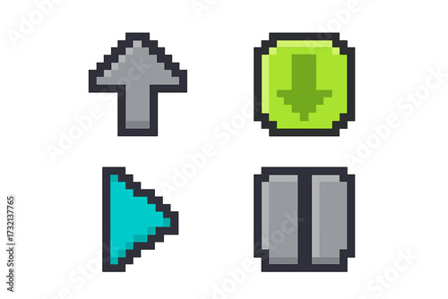 Collection of retro pixel art style user interface icons including up arrow, download button, play symbol, and pause control