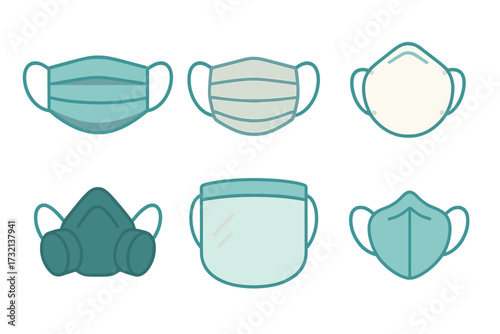 Diverse collection of essential personal protective equipment featuring various types of face masks and a transparent shield for health safety