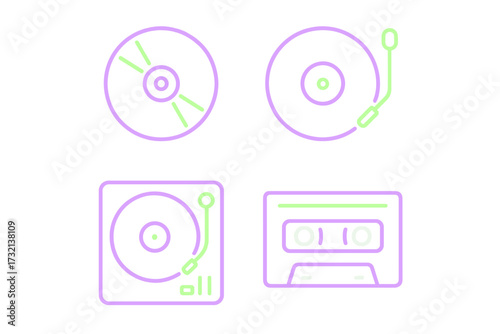 Vibrant line art style audio media devices: compact disc, vinyl record, turntable, cassette tape