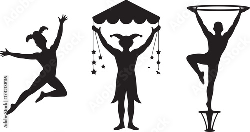 Black silhouettes of circus performers a dancer a juggler and a hoop artist vector