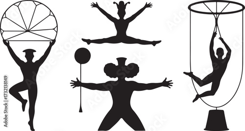 Black silhouette circus performers and props on white background acrobat juggler