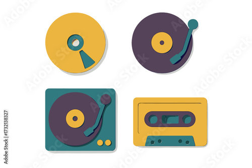 Retro and modern music media devices including compact disc, vinyl record, turntable, and cassette tape