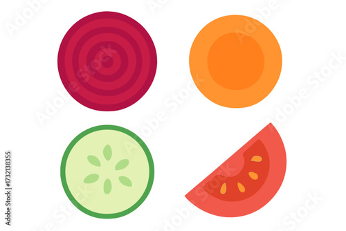Vibrant collection of fresh vegetable slices including beetroot, carrot, cucumber, and tomato for healthy cooking and diet