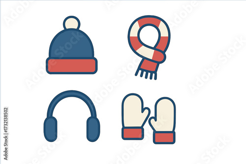 Collection of winter clothing accessories including a warm hat, striped scarf, cozy mittens, and protective earmuffs for cold weather season