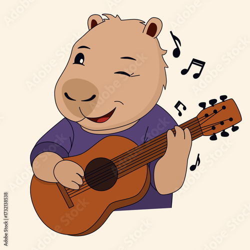 A musical capybara in a purple shirt winking and strumming an acoustic guitar. Musical notes float around its head, a joyful and rhythmic atmosphere.