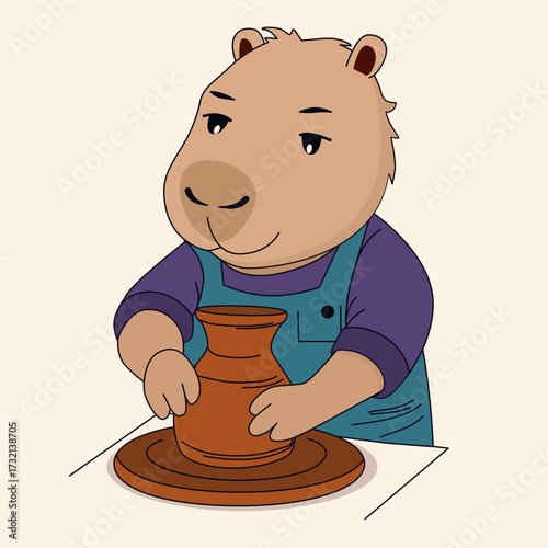 A focused capybara in a purple shirt and blue overalls sculpting a clay pot on a spinning pottery wheel. Both hands are shaping the brown clay, a creative moment.