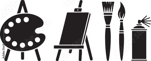 Black silhouette of an artists palette easel paintbrushes and spray paint can painting drawing