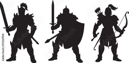 Three black silhouette medieval warriors with swords shields and bow and arrow knight soldier
