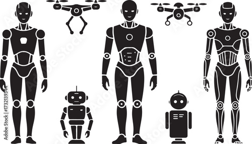 Collection of black robot and drone silhouettes on white background android automaton