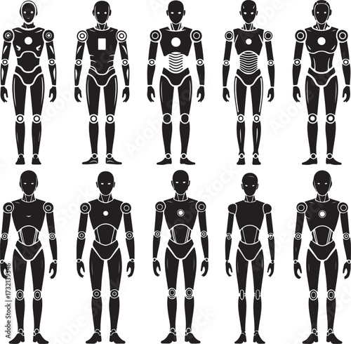 Ten black humanoid robot silhouettes with white circular joint details and varied chest designs android