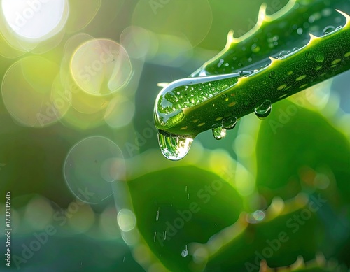Close-up of aloe vera leaf with water droplets