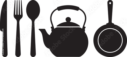 Black silhouette of kitchen utensils including a knife fork spoon teapot and frying pan on a white background
