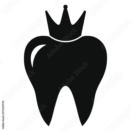 Black Silhouette Icon of a Tooth Wearing a Crown Isolated on White Keywords: tooth, crown, dental, icon, symbol