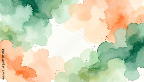 Abstract watercolor splatter in soft green and peach tones
