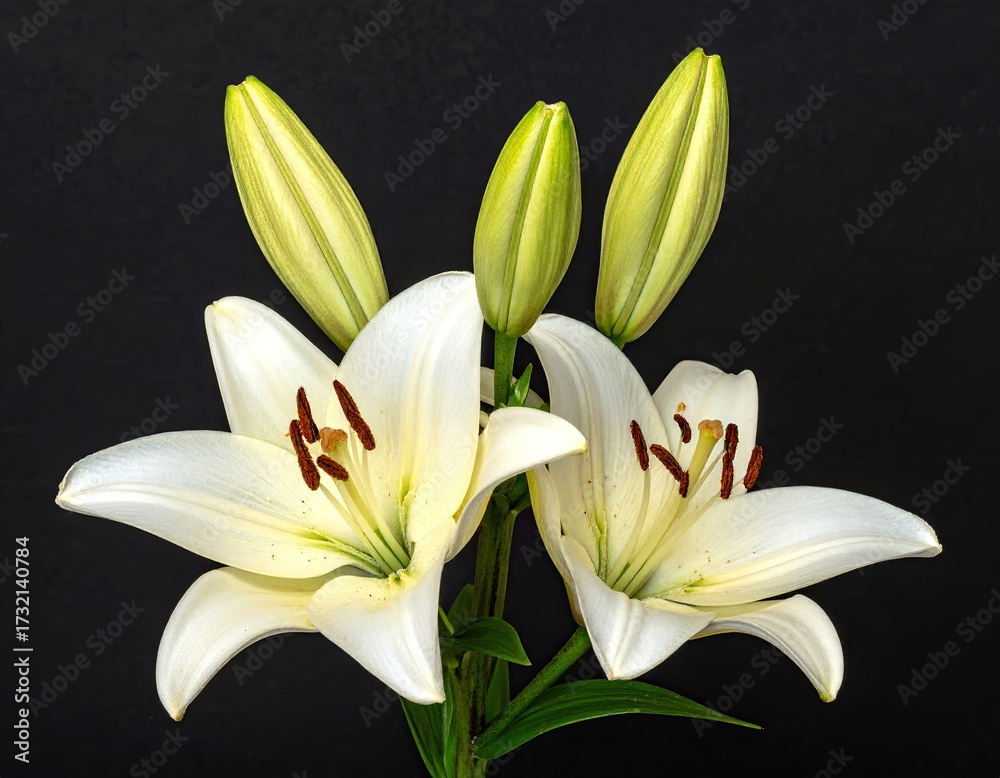 Naklejka premium Close-up of three white lilies with buds against a black background