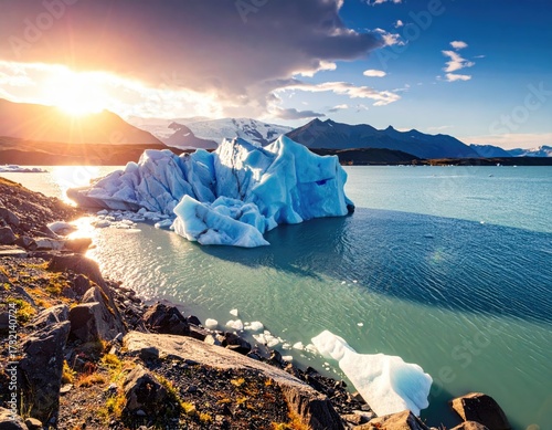 Iceberg at sunset on a glacial lake